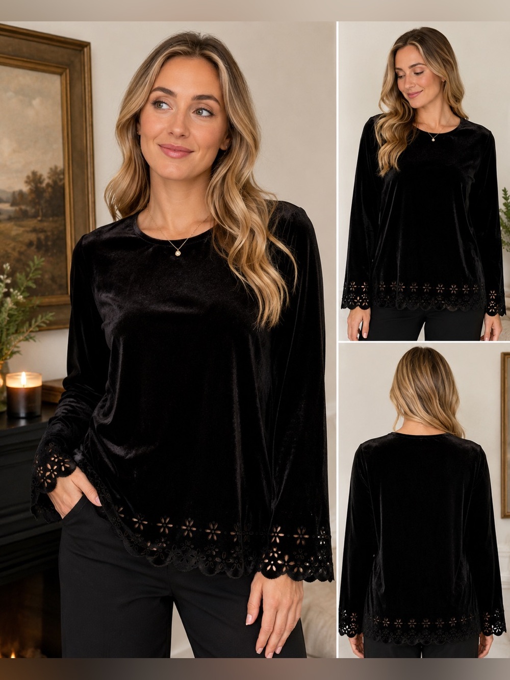 Aparenza Black Velvet Top Large Floral Cutout Hem Long Sleeve USA Made